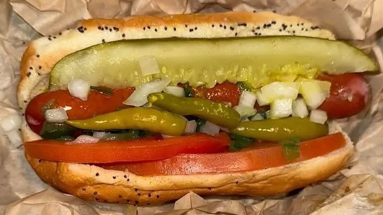 A Chicago hot dog in brown paper wrapping