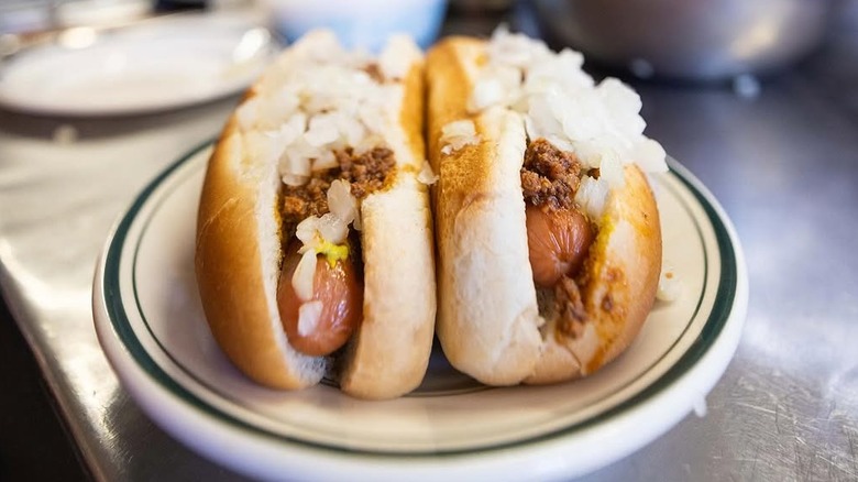 Two hot dogs on a plate