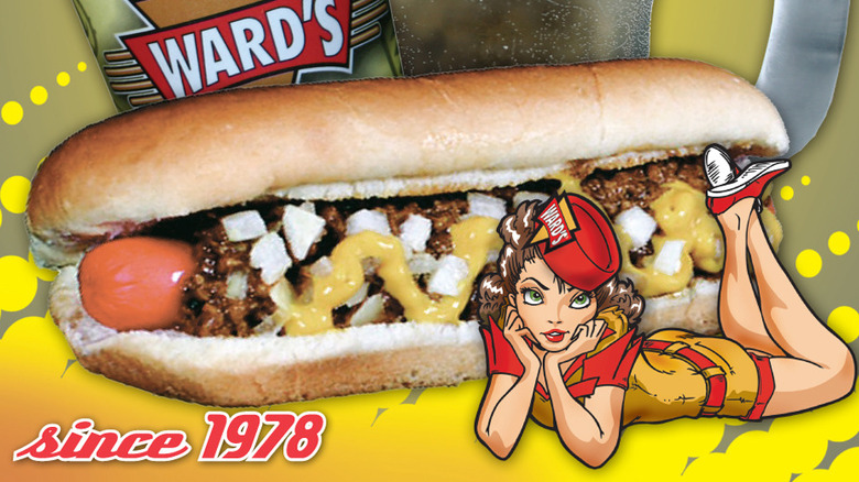 A hot dog with a cartoon waitress posed in front