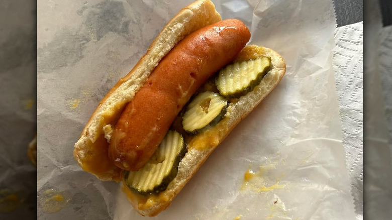 A hot dog with pickles on the side