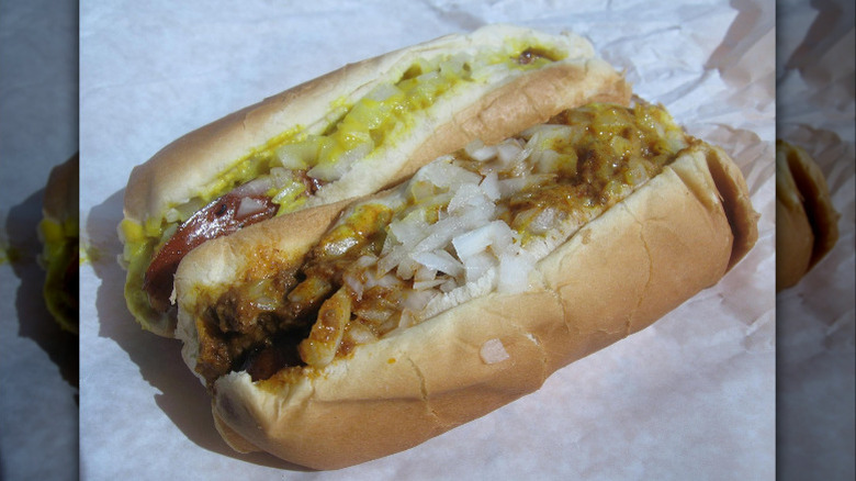 Two half-smoke hot dogs with toppings