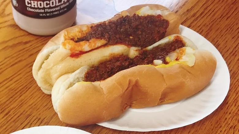 Two chili dogs on a plate