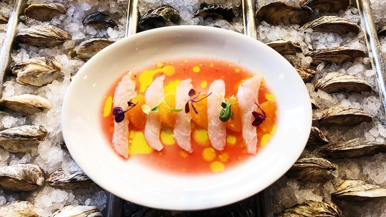 A plate of crudo on a bed of oyster on ice at Neptune Oyster