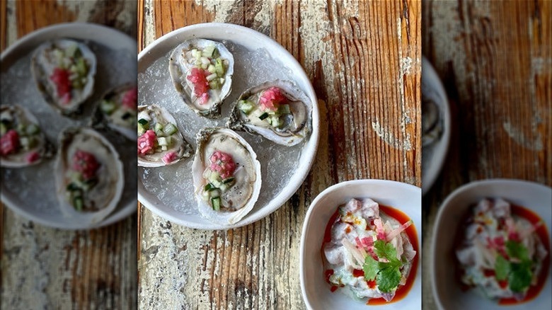 Oysters with ginger and calamansi, tuna with radish and coconut