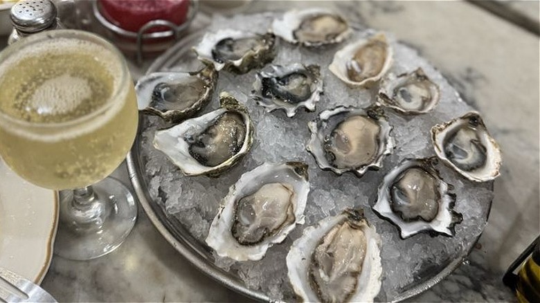 A plate of oysters and a glass of wine at Swan Oyster Depot
