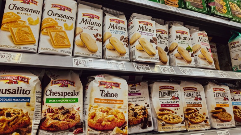 Bags of Pepperidge Farm cookies on store shelves.