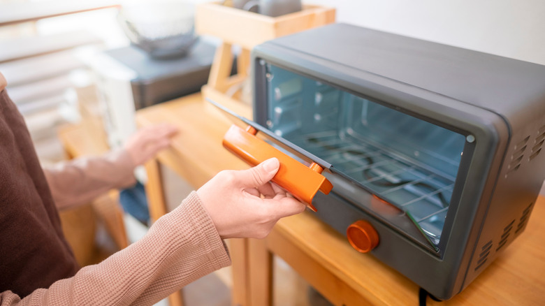 A woman is holding a toaster oven door open