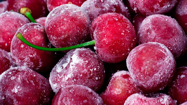 Frozen red cherries in a pile
