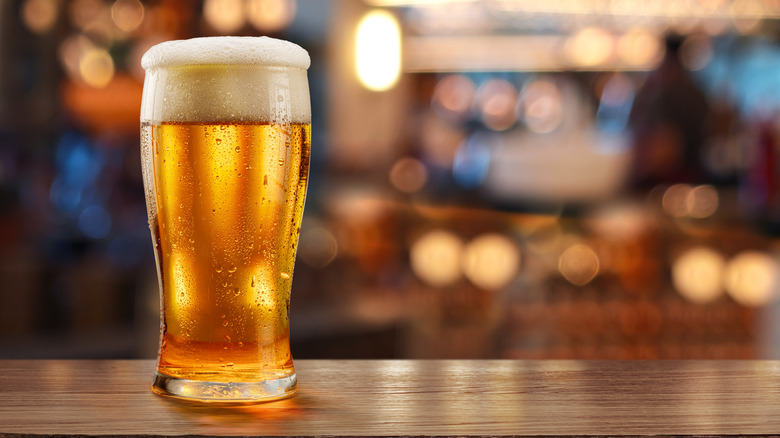 Glass of beer with foam, sitting on wooden bar top