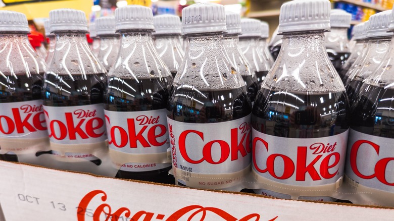 Plastic bottles of Diet Coke in a market