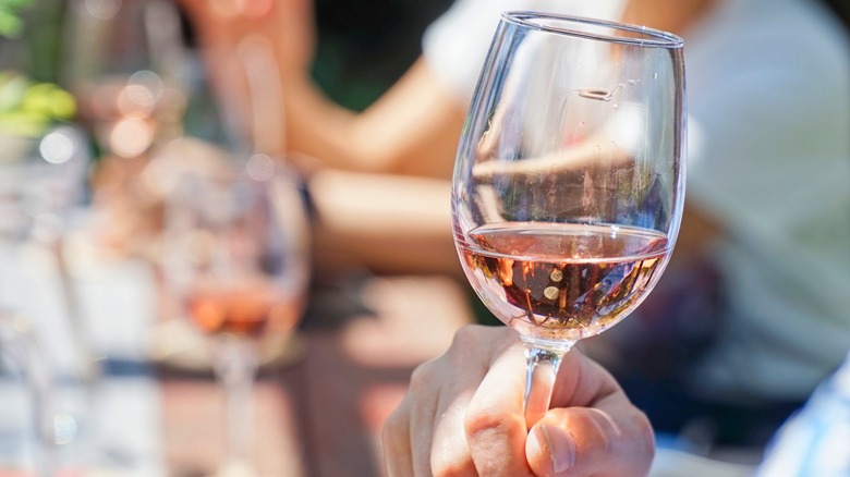 Hand holding glass of rose wine