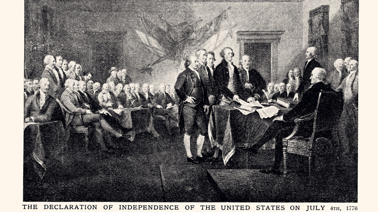 Black and white reproduction of painting by Asher Brown Durand of the Founding Fathers at the signing of the Declaration of Independence