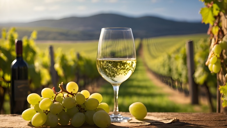 A glass of white wine on a table outdoors in a vineyard next to a bunch of green grapes