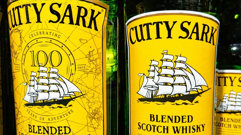 The labels on bottles of Cutty Sark blended Scotch whiskey