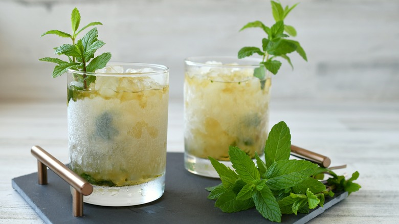 Two mint julep drinks in glasses with mint garnish on a slate tray with bronze handles