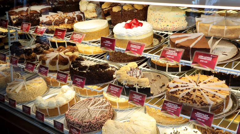 A display cabinet full of cheesecakes at the Cheesecake Factory.