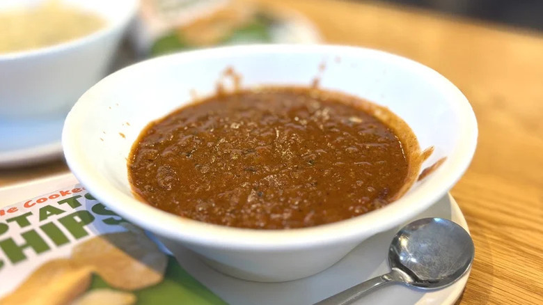Panera Bread's Hearty Fireside Chili served in a white bowl