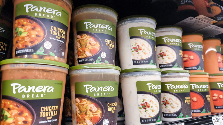 Assortment of Panera soups on a grocery store shelf