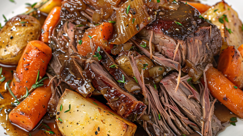 Classic pot roast feature beef, carrots, potatoes, onions, and seasonings