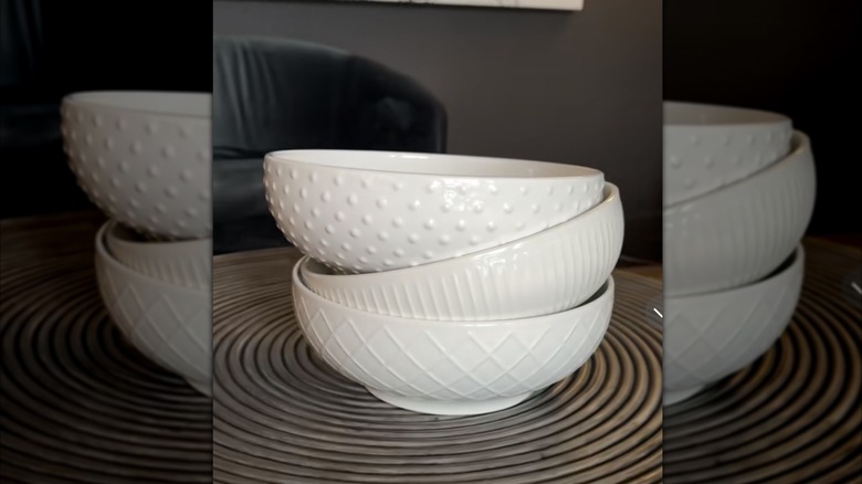 Costco's three-piece Trudeau Porcelain Serving Bowl Set stacked on top of each other