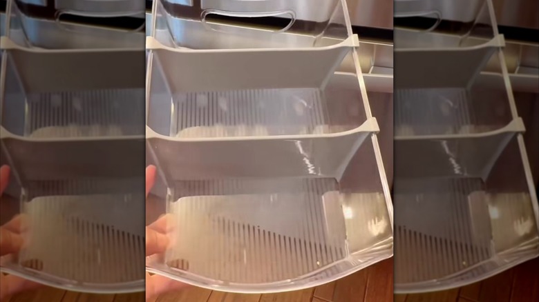 person holding clear organizer bins