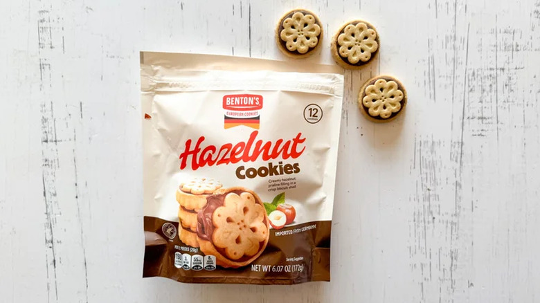Bag of hazelnut cookies on a white background
