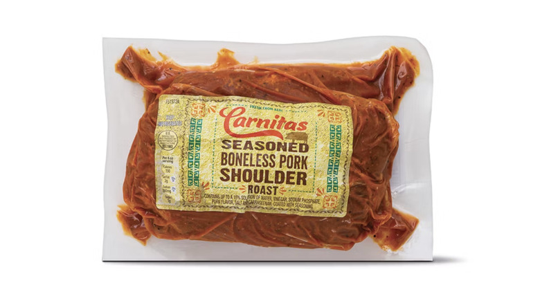 Aldi carnitas seasoned boneless pork shoulder in packaging.
