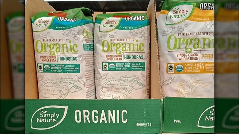 Bags of Simply Nature Organic whole bean coffee at Aldi