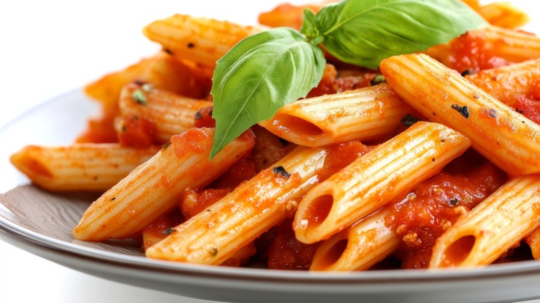 Penne pasta with marinara and basil