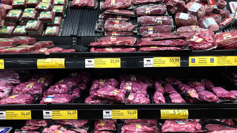 Steak aisle with prices at an Aldi grocery store
