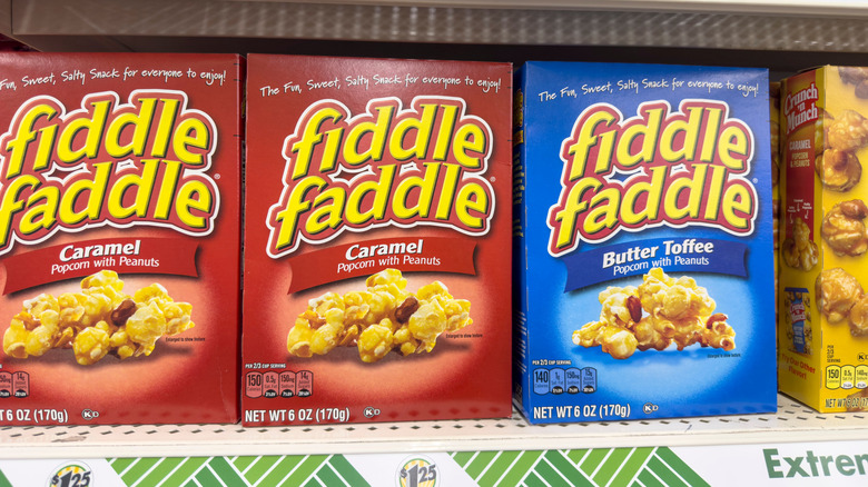 Packages of Fiddle-Faddle on a grocery store shelf