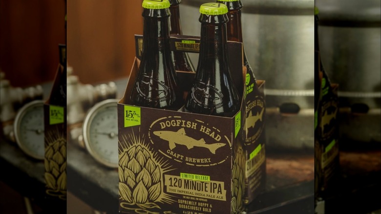 Four bottles of Dogfish Head 120 Minute IPA in a carboard carrier