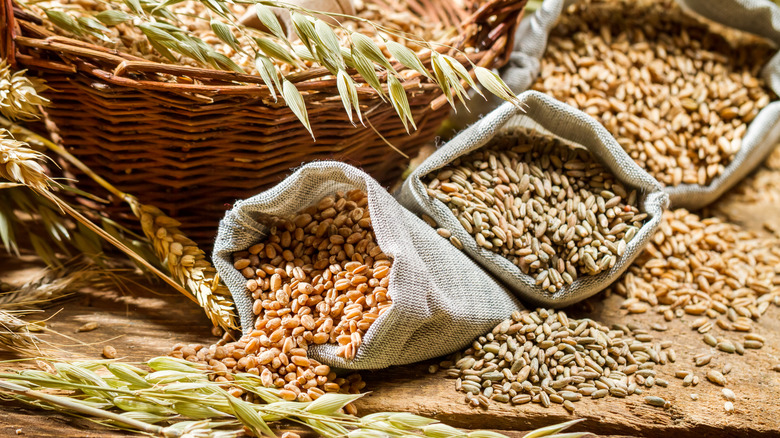 Bags of whole grains surrounded by wheat sheaths.