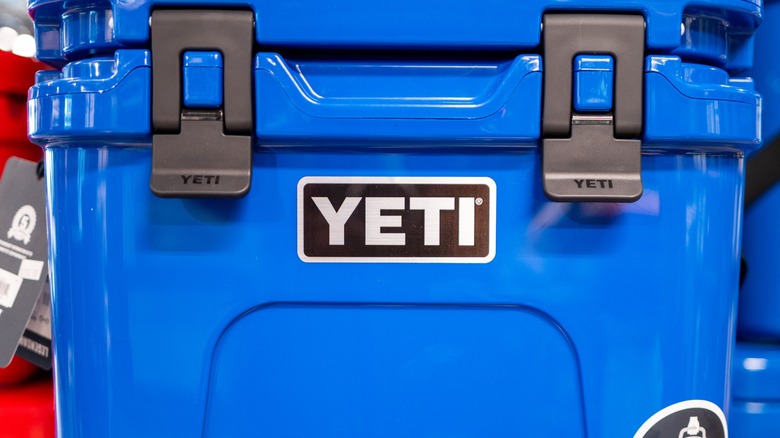 A blue Yeti cooler seen from the front.