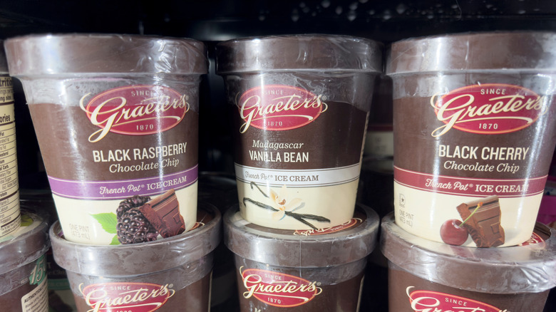 Pints of Graeter's ice cream at a supermarket including two varieties with the company's signature giant chocolate chips.