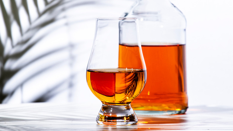 A tulip-shaped Glencairn tasting glass of Scotch whisky