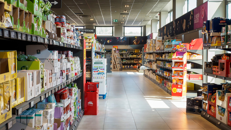 Store shelves of boxed goods in an Aldi