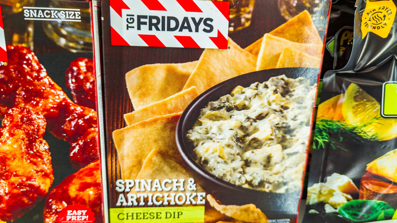 TGI Fridays frozen spinach artichoke dip in package
