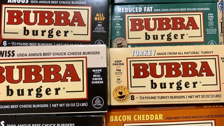 Packages of frozen BUBBA burgers of different varieties