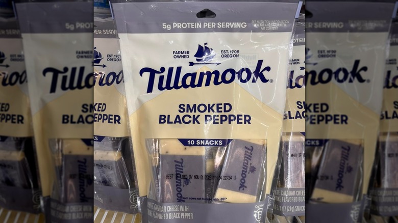 A package of Tillamook smoked black pepper individually-wrapped cheeses