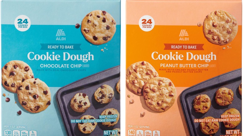 Aldi Ready to Bake Cookie Dough boxes with chocolate chip on the left and peanut butter chip on the right