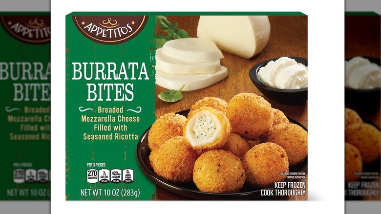 A box of Appetitos Burrata Bites, showcasing the cheesy product alongside individual cheeses.