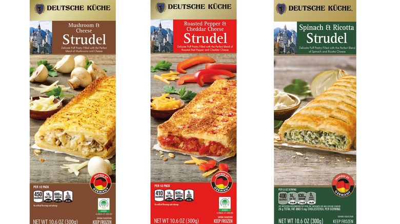 Three kinds of Deutsche Kuche Savory Strudels, including mushroom & cheese, roasted pepper & cheddar cheese, and spinach and ricotta.