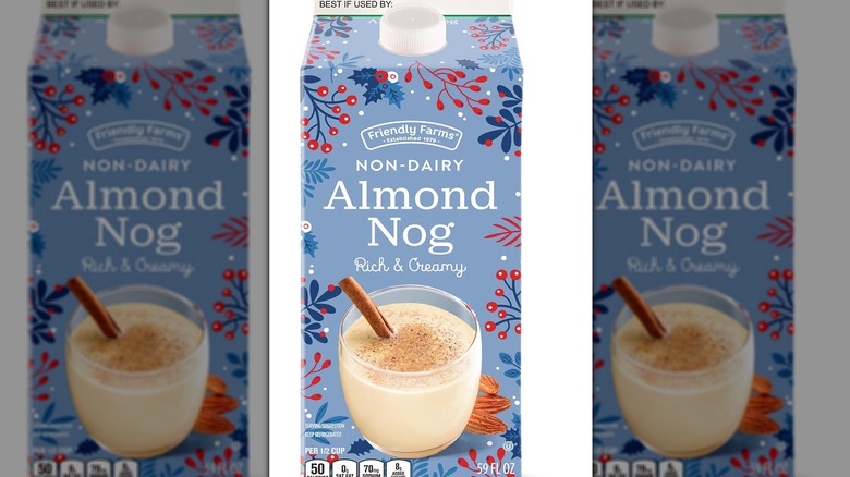 A carton of Friendly Farms Almond Nog, showing a cozy cup of the creamy drink