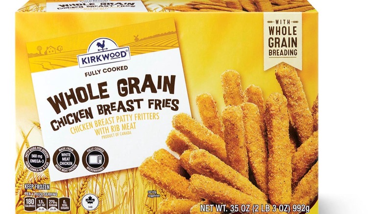 A box of Kirkwood Whole Grain Chicken Fries with a bright yellow design and an image of the fries.