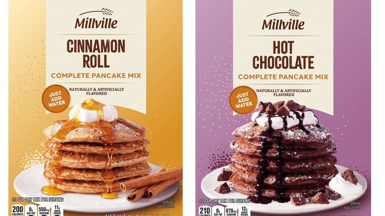 Millville's Cinnamon Pancake Mix with a gradient yellow box on the left and a Hot Chocolate Mix with a gradient purple box on the right.