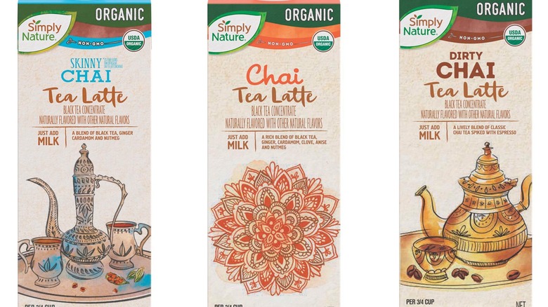 Three Simply Nature Organic Tea Latte Concentrate varieties from left to right: Skinny Chai Tea Latte, Chai Tea Latte, and Dirty Chai Tea Latte