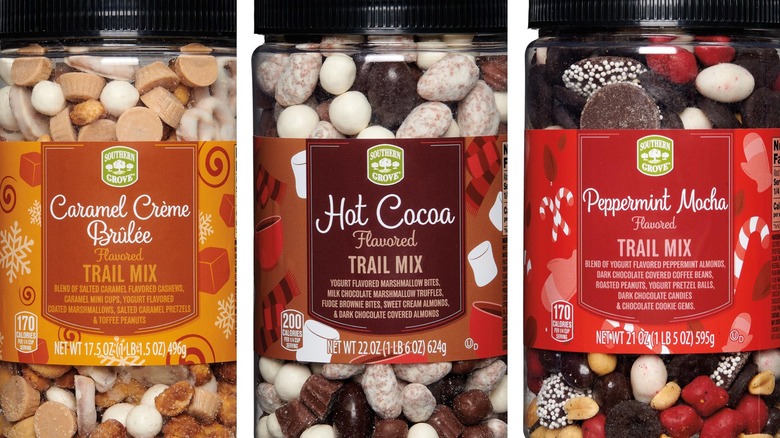 Three new varieties of the Southern Grove Winter Trail Mixes, including caramel creme brulee, hot cocoa, and peppermint mocha