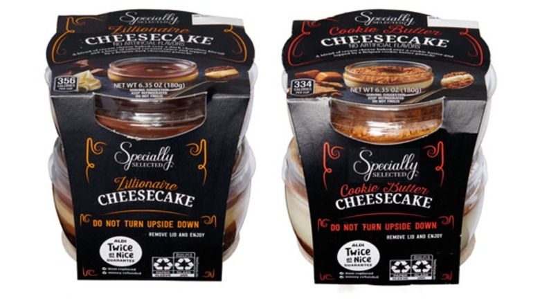 Side by side specially selected Aldi zillionarie and cookie butter cheesecake options..
