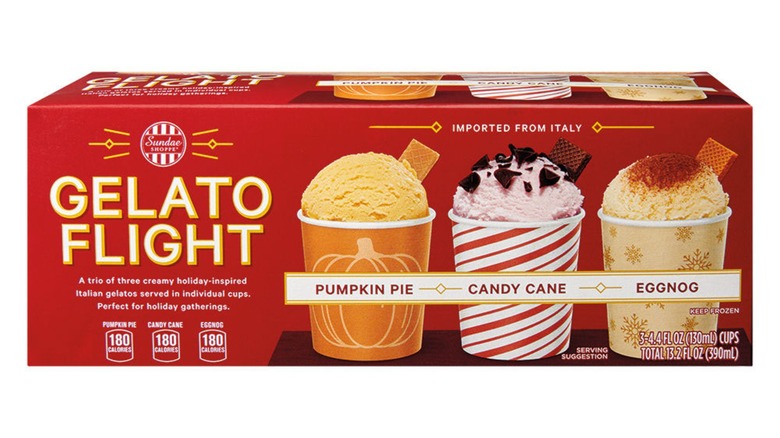 Aldi gelato flight packaging, featuring pumpkin pie, candy cane and eggnog.